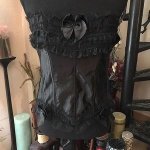 NWOT Satin Ruffle Black Lace Up Corset Bustier Lingerie Intimates Shape Wear